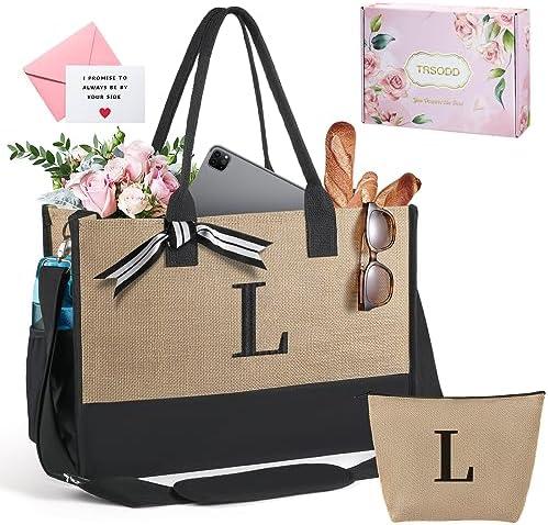 TRSODD Birthday Gifts for Women Mothers Day Gifts for Mom Wife Grandma Daughter Sister Bridesmaid Initial Jute Tote Bag and Makeup Bag L