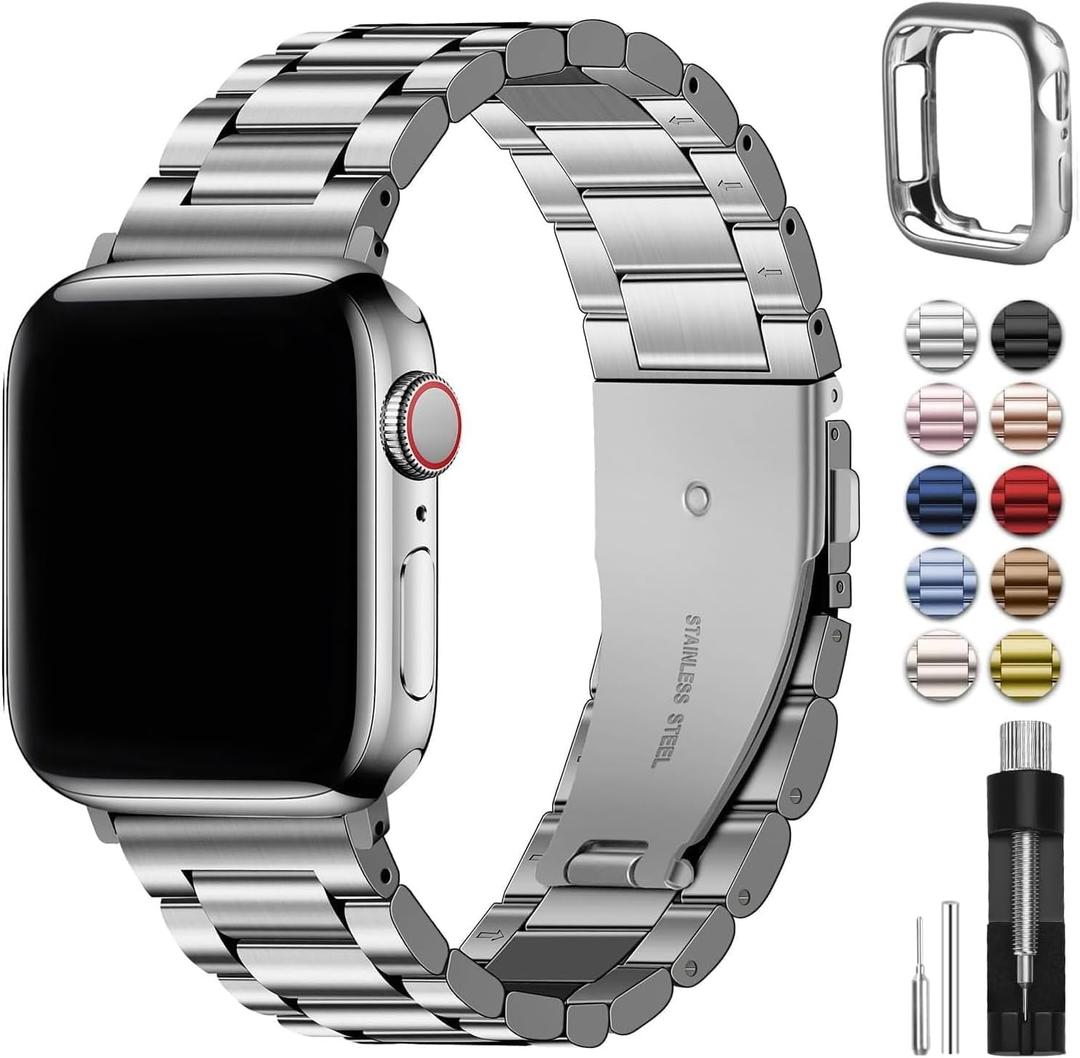 Fullmosa Compatible Apple Watch Bands 45mm 44mm 42mm 46mm 49mm 41mm 40mm 38mm, Metal iWatch Band with Case for Apple Watch Series 9 8 7 6 5 4 3 2 1 SE 10 Ultra, 42mm 44mm 45mm Silver