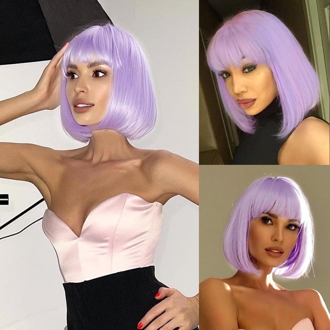 forfeels Light Purple Bob Wigs with Bangs Straight Short Wigs for Women Synthetic Purple Wig for Cosplay Women Funny Wig for Party Halloween Daily Wear Anime Costume Events