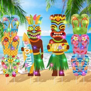 Bencailor 4 Pcs Hawaiian Luau Decoration Outdoor Tiki Totem Yard Signs with Stakes LED Large Aloha Tropical Themed Party Supplies Tiki Bar Decor for Outdoor Lawn Garden Beach Sand (Hawaiian)