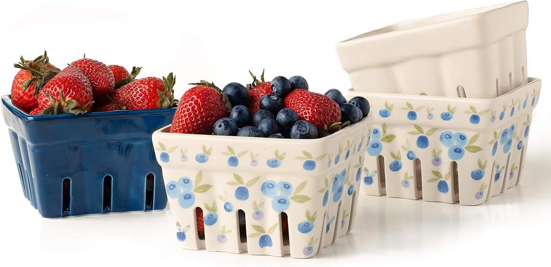 NOSTALGIE Farmhouse Ceramic Berry Basket, Colander, Farmers Market square Bowl. Rustic Kitchen decor fruit bowls, Fruit Baskets, Bleu White and Blueberry pattern Stoneware Harvest Bowls Set of 4