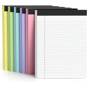 6 Pack Colored Legal Pads 8.5 x 11 College Ruled Paper Note Pads Narrow Ruled 50 Sheets per Notepad Perforated Writing Pad Durable Sturdy Back 8x11 Pads of Paper Pink Purple Blue Green White Yellow
