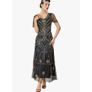  Women's Flapper Dress 1920s V-Neck Evening Gown Sequin Beaded Maxi Dress for Wedding M