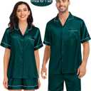 SWOMOG Couples Matching Pajamas Set Satin Short Sleeve Button Down Tops Silk Shorts Pj Lounge Set Soft Sleepwear (Green, M)
