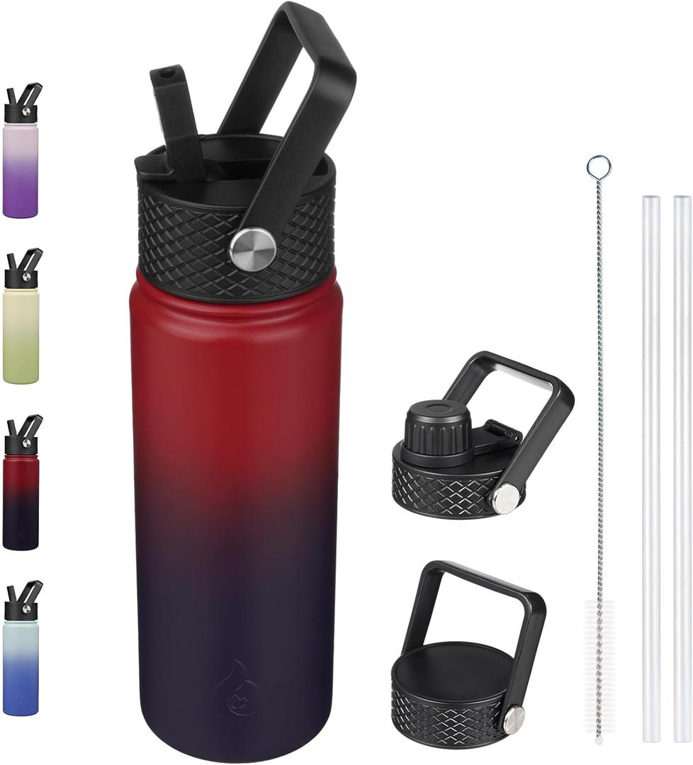 BJPKPK Insulated Water Bottles with Straw Lid, 22oz Cold & Hot Thermo, Stainless Steel Metal Water Bottle with 3 Lids, Reusable Thermo, Cups, Mugs-Charming Red