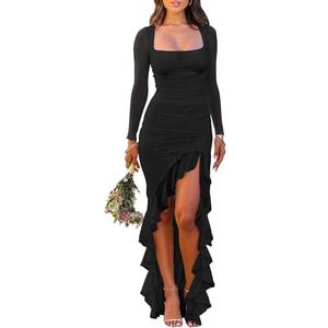 BORIFLORS Women's Ruched Bodycon Maxi Dresses Mesh Long Sleeve Square Neck Ruffle Hem Cocktail Party Dress, Small, Black 