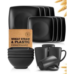Teivio 16-piece Plastic Wheat Straw Square Dinnerware Set for 4, Unbreakable Dinner Plates, Salad Plates, Snack Bowls, Mugs, Dishwasher Safe, Black