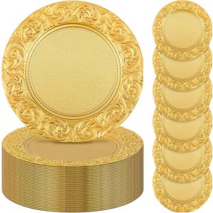 Zhehao 50 Pcs Antique Charger Plates Bulk 13 Inch Embossed Rim Plastic Decorative Round for Dinner Wedding Party Event Table Setting Decoration (Gold)