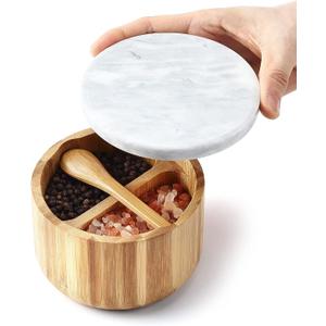 Bamboo Salt and Pepper Box with Marble Lid and Embedded Spoon, Well-sealed Dust Lid, Salt Cellar Bowl Container Keeper to Storage Pepper Spice Herb Sea Salt, Dual 5 Ounce Capacity