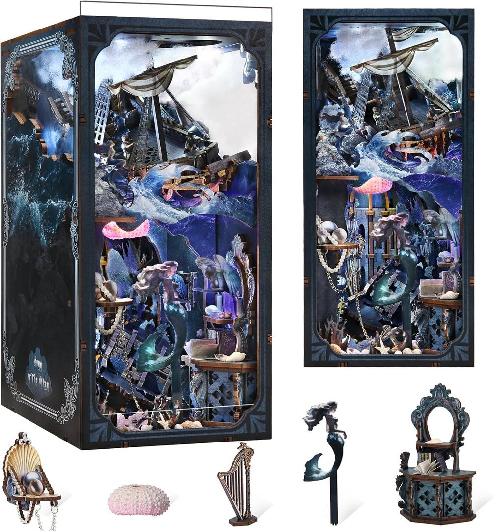 CCCDF Book Nook Kit, 3D Wooden Puzzle for Adults Teen, DIY Ocean Miniature Dollhouse Booknook Kit with Led Light and Dust Cover (Song of The Sirens)