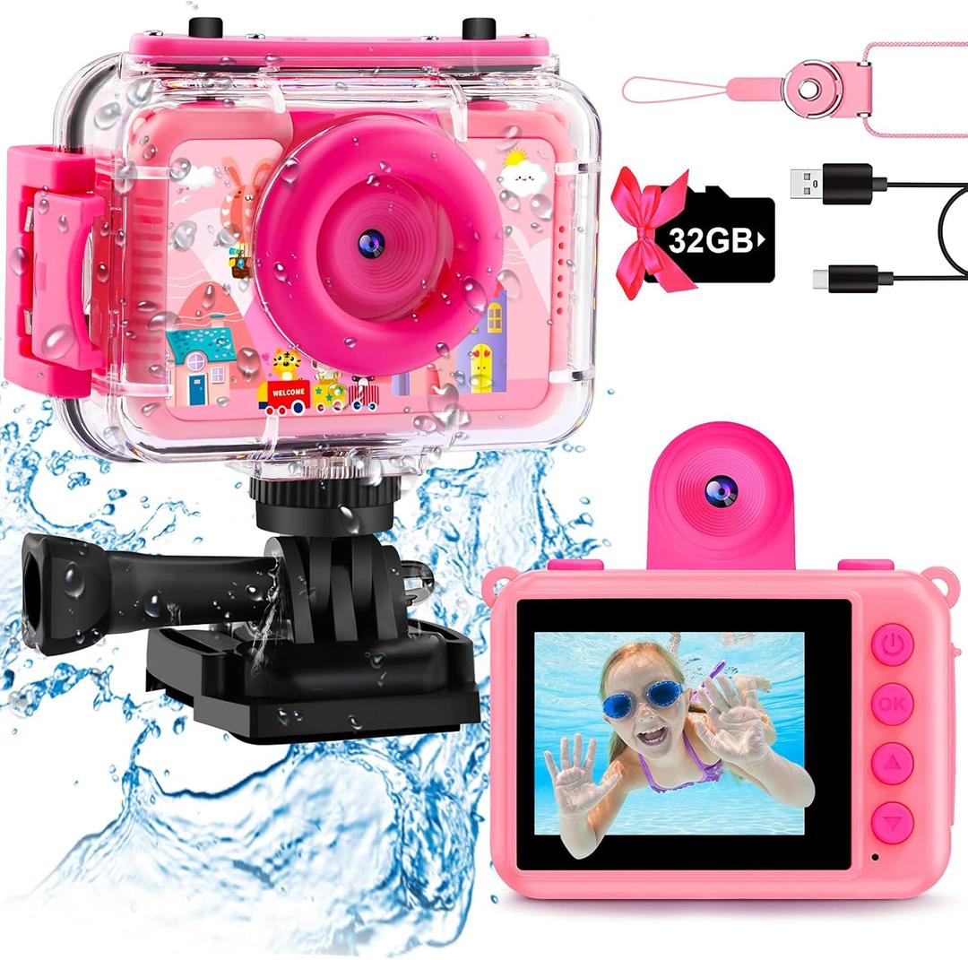 GKTZ Kids Camera - Waterproof Underwater Camera for Kids, Christmas Birthday Gifts for Girls Age 3-12, 1080P HD Children Digital Action Camera, Pool Toys for Kids Age 4-12 (Pink)