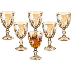 Vintage Wine Glasses Set of 6, 10 Ounce Colored Glass Water Goblets, Unique Embossed Pattern High Clear Stemmed Glassware Wedding Party Bar Glass Drinking Cups Fancy Wine Glasses Amber
