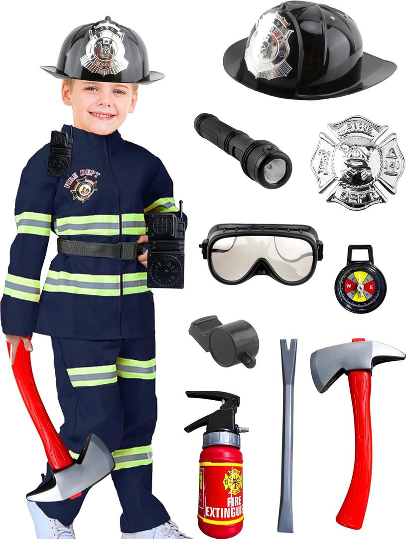 13 Pcs Kids Fireman Costume Set Firefighter Pretend Role Play Outfit for Boy Fireman Dress Up Toys Halloween Cosplay (8-9 Years (124-133cm))