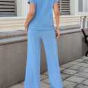 SHEWIN Women Summer Two Piece Sets Ladies Work Lounge Sets Fall Crewneck Loose Fit Airport Outfit Ribbed Knit Tops Wide Leg Pants 2026 Clothes Size L, Blue (L)