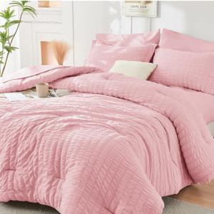 HYMOKEGE Pink Queen Comforter Set Seersucker 7 Pieces, All Season Luxury Bed in a Bag for Bedroom, Bedding Set with Comforters, Sheets, Pillowcases & Shams