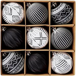 DecorbyHannah Christmas Tree Ornaments Decorations, 9ct 3.15 inches Black White Boho Christmas Ornaments Set, Shatterproof Plastic Hanging Ball Bulk for Xmas Home Indoor Party Table Decor