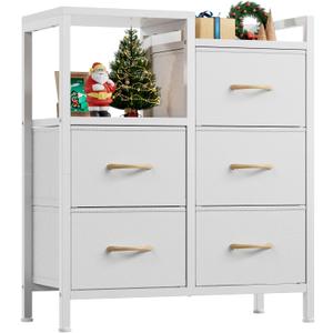 Furnulem 5 Drawer White Dressers for Bedroom 2 Tier Shelf Storage Small Fabric Dresser for Closet Sturdy Metal Frame Modern Style Storage Cabinets Organization Units for Hallway Rooms