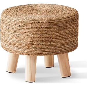 Cpintltr Foot Stool Natural Seagrass Hand Weave Poufs Round Ottoman for Couch Desk Soft Step Stool Padded Foot Rest with Non-Skid Pine Legs for Hallway Office Lounge Natural