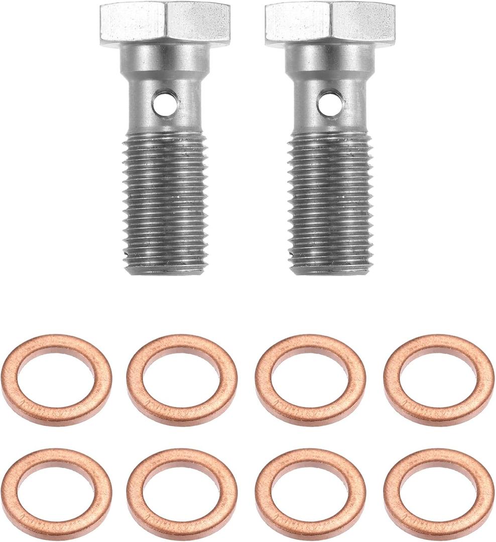 X AUTOHAUX 2pcs Stainless Steel AN3 3/8-24 Thread Turbo Brake Line Banjo Bolt with Copper Washers Single Banjo Bolt 25mm Length