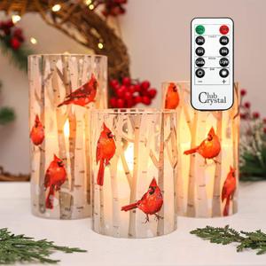 Crystal Club Flameless Candles, Cardinal Theme, (Set of 3) Battery Operated LED Candles with Remote, Real Wax & Glass Effect Candle with Timer for Christmas Home Festival Dcor