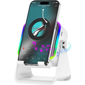 Wireless Induction Speaker 5-in-1 Bluetooth Speaker with Phone Stand,Stereo Sound, 3500mAh Rechargeable, 8 RGB Ambient Light, 360 Adjustable Holder for iPhone/Android/iPad,Gifts for Men Women (White)