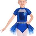 AFAVOM Toddler Girls Sequin Ballet Leotard Sparkly Gymnastics Dance Mesh Leotard Skirted Feather Mock Neck Ballerina Outfit (Blue) 3-4Y