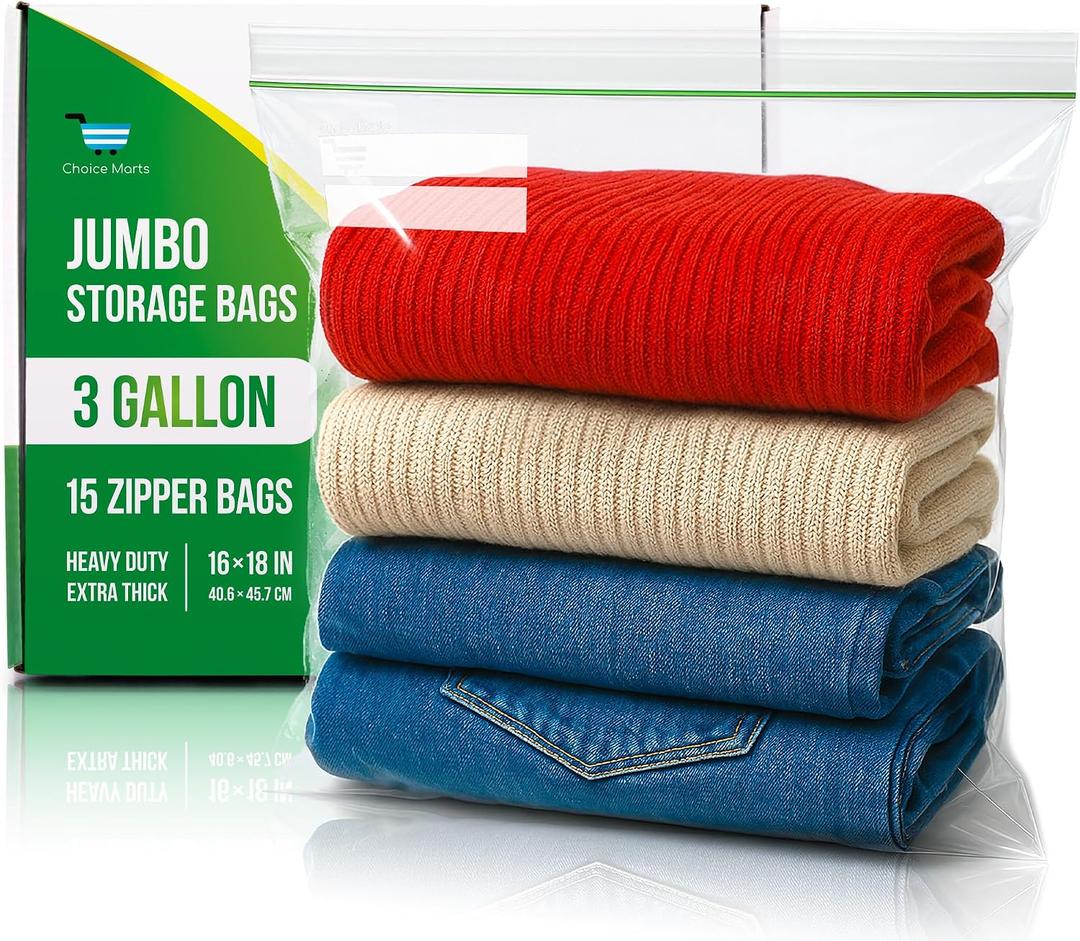 3 Gallon Storage Bags - 15 Count, Extra Strong And Super Durable, 2 Mil Thick, Leak-Proof Unique Zipper, Extra Large Storage Bags for Home & Travel