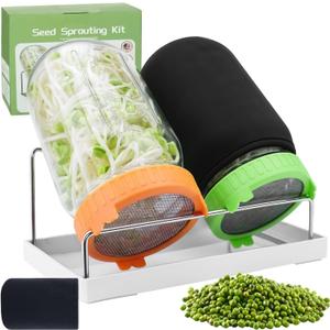 Seed Sprouting Kit with Mung Beans 80g, 2 Large Wide Mouth Mason Jars with Sprout Lids, Blackout Sleeves, Drain Tray, Stainless Steel Stand, Sprouts Growing Kit for Growing Bean Alfalfa Sprout Seeds