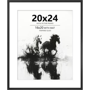 20x24 Picture Frame Black Aluminum Wall Frame with Real Glass, 16x20 Frame with Mat or 20 x 24 Without, Large Metal Poster Frames for Horizontal or Vertical Display