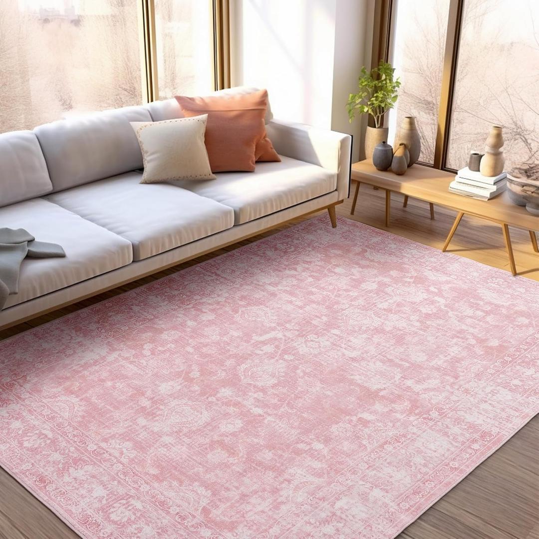 FROZZUR Boho Pink Area Rug 5x7 Large Vintage Rug for Living Room Bedroom Nursery Dining Table, Non Slip Distressed Washable Rugs for Home Office Decor Pink