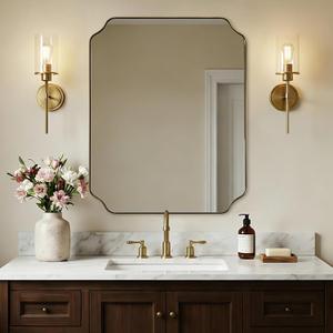 24"x30" Brushed Gold Bathroom Mirror, Rectangle Mirror for Bathroom, Champagne Bronze Mirror in Rustproof Stainless Steel Thin Frame, Elegant Scalloped Edge Design, Ideal for Home Remodel