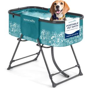 SereneLife Portable Dog Bath Tub, Built-in Drain System & 360° Access, 34" Adjustable Height, 2 Side Pockets, Foldable Design for Easy Storage, Fits Small to Medium Dogs Up to 130 lbs (Blue)