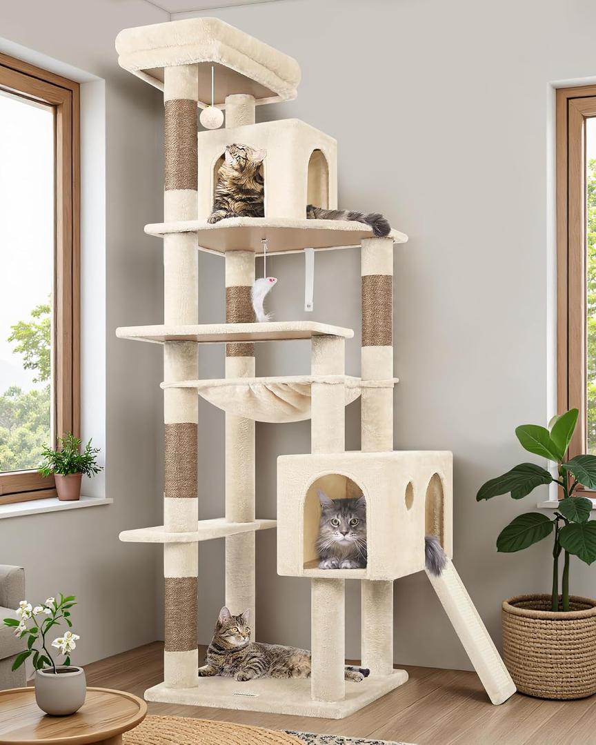 Globlazer Heavy Duty Cat Tree Tower, 70inch Sturdy Cat Tree for Indoor Cats Sturdy Large Cat Tower with Scratching Post and Scratching Board, Hammock, Cat Condo for Adult Cats Kittens, F70 Pro, Beige, 21.6"L x 17.7"W x 70"H