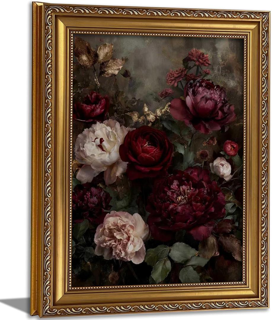 Vintage Gold Framed Floral Wall Art Dark Moody Flower Botonical Canvas Painting Picture Wall Decor Retro Rustic Peony Flowers Still Life Victorian Poster Print Artwork for Living Room Bedroom Home (11"L x 9"W)
