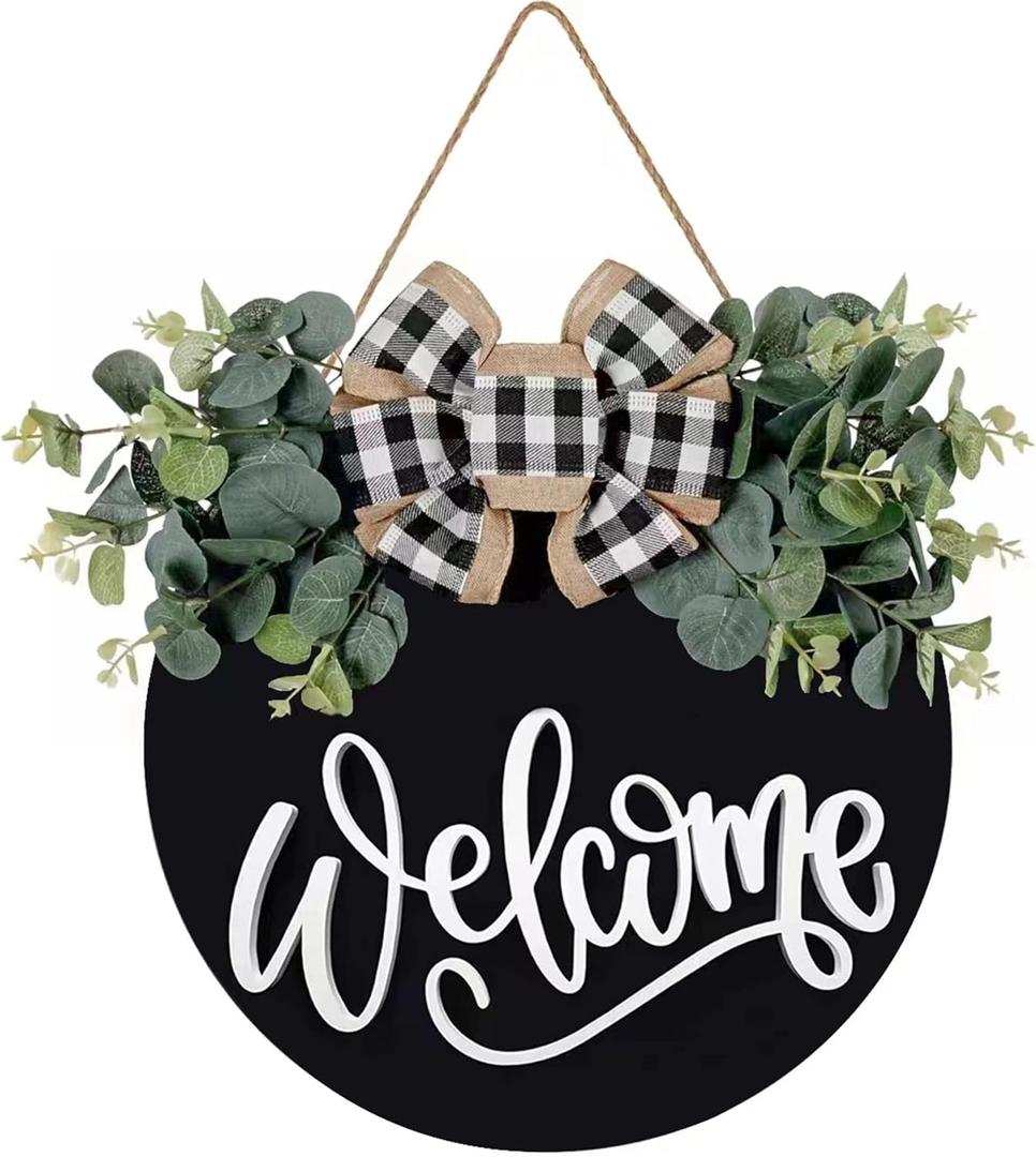 Welcome Sign for Front Door Porch Decor Farmhouse Wreath Wall Decor 30cm Round Wooden Hanging Housewarming Home Decor for Home Outdoor Indoor (Black)