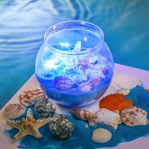 7 Set 30 oz Beach Themed Party Table Centerpieces 4" Heavy Duty Round Plastic Fish Bowls Mixed Beach Natural Seashell Starfish with Blue Lights for Wedding Baby Shower Ocean Party Supplies