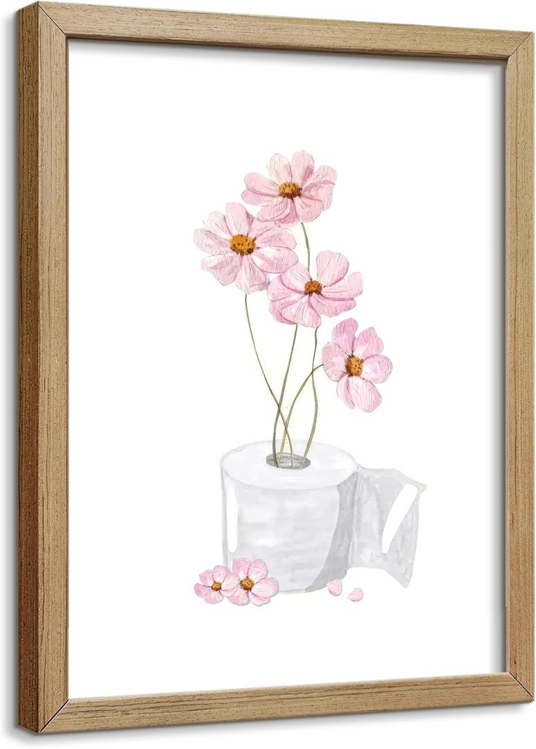 Pink Bathroom Wall Art Floral Toilet Paper Canvas Print Pink Watercolor Bathroom Wall Decor for Women Funny Girls Restroom Painting Girly Toilet Posters Pictures Ready To Hang 12x16in Framed