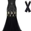 Women Evening Dress 1920s Flapper Cocktail Mermaid Plus Size Formal Gown with Long Gloves (Black Gold, 3XL)