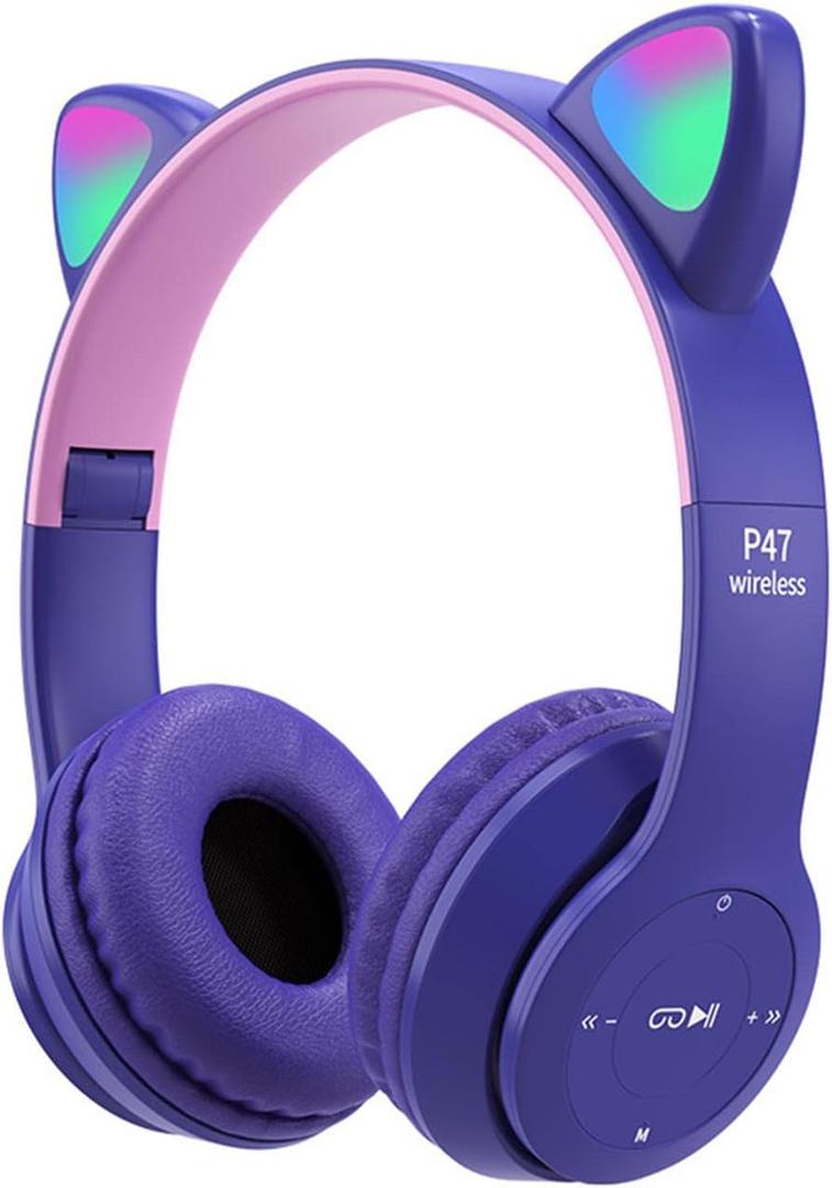 Xiaokeis Kids Headphones, Cat Ear LED Light Up Bluetooth 5.0 Foldable Wireless Gaming Headset for Kids Adult, Built-in Mic Noise Cancelling Over Ear Headphones for Study/Travel (Purple)