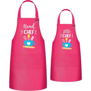 R HORSE 2Pcs Adults Kids Matching Apron Set Mommy and Me Adjustable Kitchen Apron with 2 Pockets Parent and Child Matching Gift for Mother's Day Women Daughter Cooking Baking Painting Training (Pink Chef)