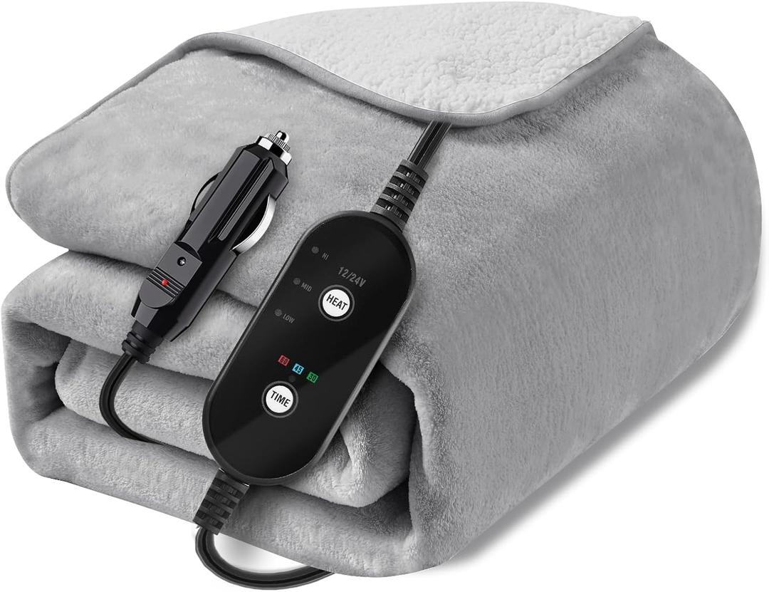 12V/24V Heated Car Blanket, Electric Blanket Flannel Heating Throw for Car, SUV, RV, Camping, 60" x 44", Hi/M/Lo Heating Settings, Auto-Off Timer,Grey