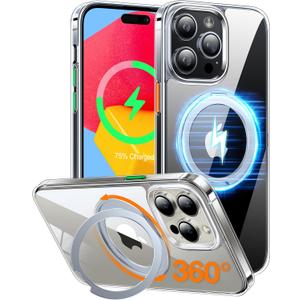 TORRAS Upgraded 360Rotatable Magnetic Ring for iPhone 15 Pro Max Case, Fit for MagSafe with Stand & Ring Holder, 16FT Mil- Grade Shockproof Translucent for iPhone 15 Pro Max Phone Case Ostand, Clear