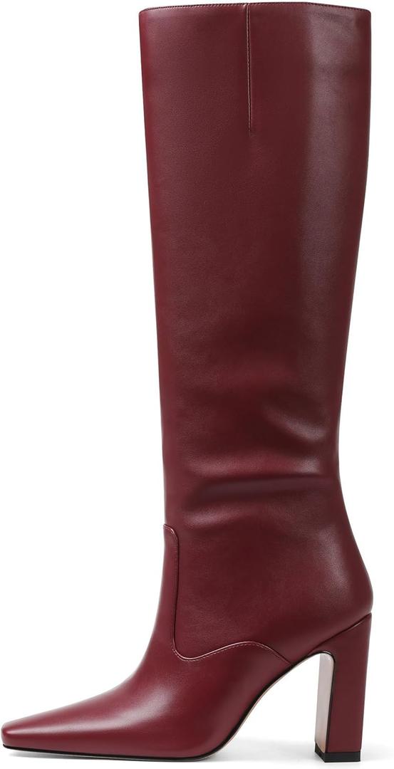 Lovee Cosee Women's Knee High Boots 2025 Chunky Block Heel Square Toe with Side Zipper Fall Winter Comfort Boots for Work Commute Office Walking & Night Events (Dark Red)