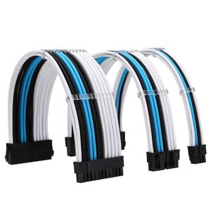 Sleeve Extension Power Supply Cable Kit 18AWG ATX 24P+ EPS 8-P+PCI-E8-P with Combs for PSU to Motherboard/GPU Fm-NCK3 (White Black Sky Blue)