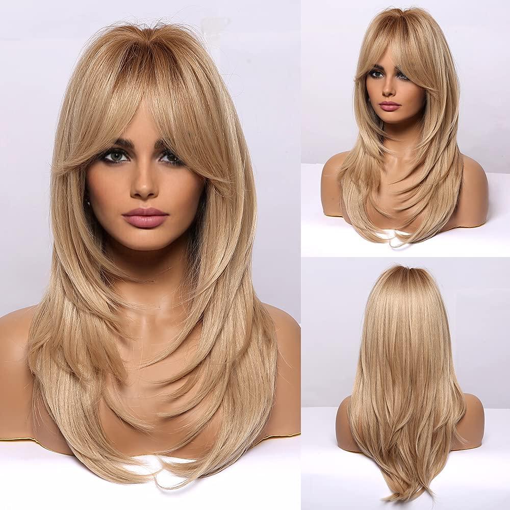HAIRCUBE Long Layered Synthetic Hair Wigs for Women with Bang (Mixed Light Blonde)