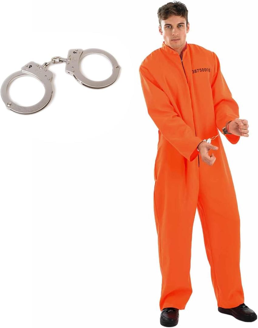 fun shack Men's Prisoner Costume, Orange Jail Inmate Jumpsuit, Adult Prison Outfit for Halloween or Costume Parties (Medium)