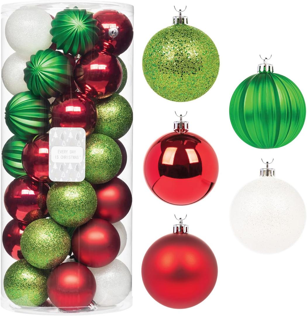 Every Day is Christmas Ornaments, Shatterproof Christmas Tree Ornament Set, Christmas Balls Decoration 35 Count (2.75"/70mm, Green Red White) Every Day is Christmas Ornaments, Shatterproof Christmas Tree Ornament Set, Christmas Balls Decoration 35 Count (2.75"/70mm, Green Red White)