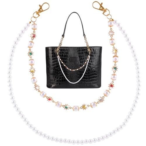 Hzopcw Punk Pants Chain, Rhinestone Flower Pearl Belt Charms, Alloy Wallet Chain Clothing Accessories for Jeans Pants Trouser Belts Streetwear Bags- Gold & White