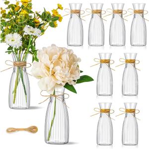 10 Pcs Plastic Flower Bud Vases Bulk with Twines Ropes Small Mini Flower Vases for Centerpieces Decorative Plastic Bottles for Wedding Reception Dining Table Home Decoration (Transparent)