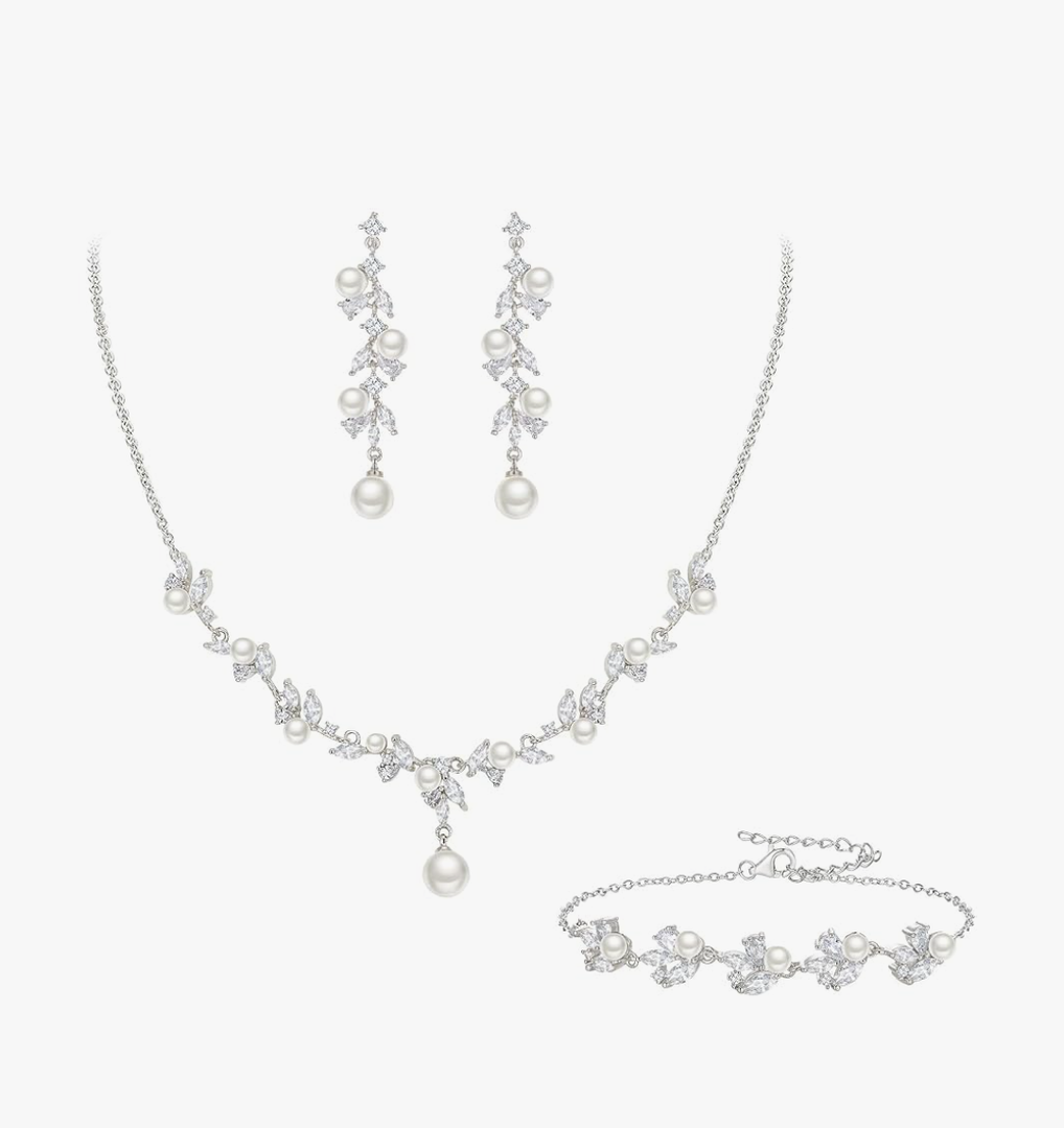 EleQueen Women's Simulated Pearl Wedding Jewelry Set, Cubic Zirconia Marquise Floral Bridal Necklace Earrings Bracelet Sets
